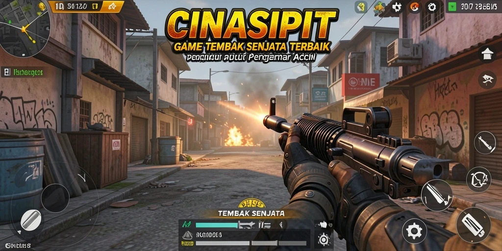 Antarmuka utama CINASIPIT menampilkan aksi menembak yang mendebarkan.